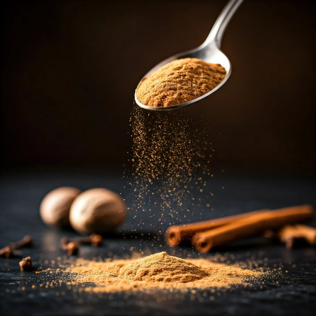 Fresh pumpkin pie spice blend being sprinkled from a spoon