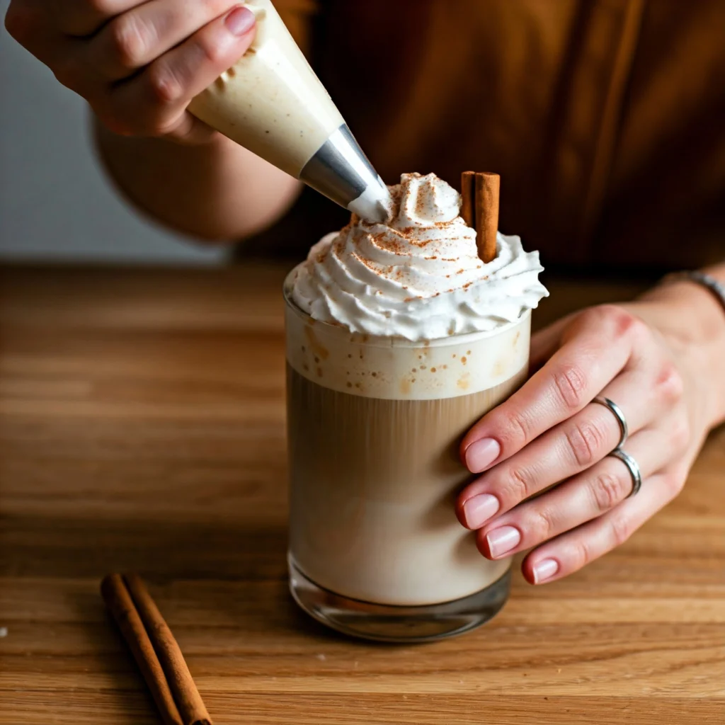 Garnishing iced pumpkin spice latte with whipped cream and spices