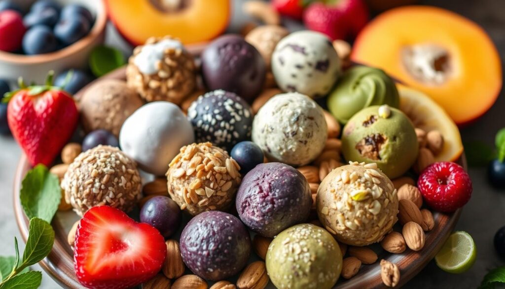 a plate of arbonne protein balls with fruits