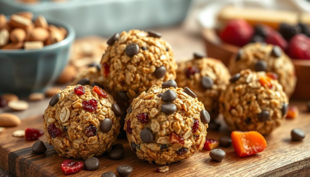 oatmeal balls with mini chocolate chips and dried fruit