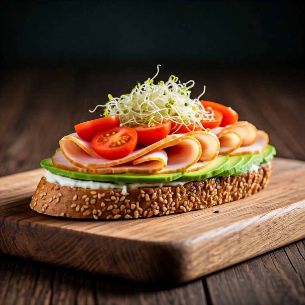 Healthy low-sodium turkey sandwich with fresh vegetables and avocado on whole grain bread