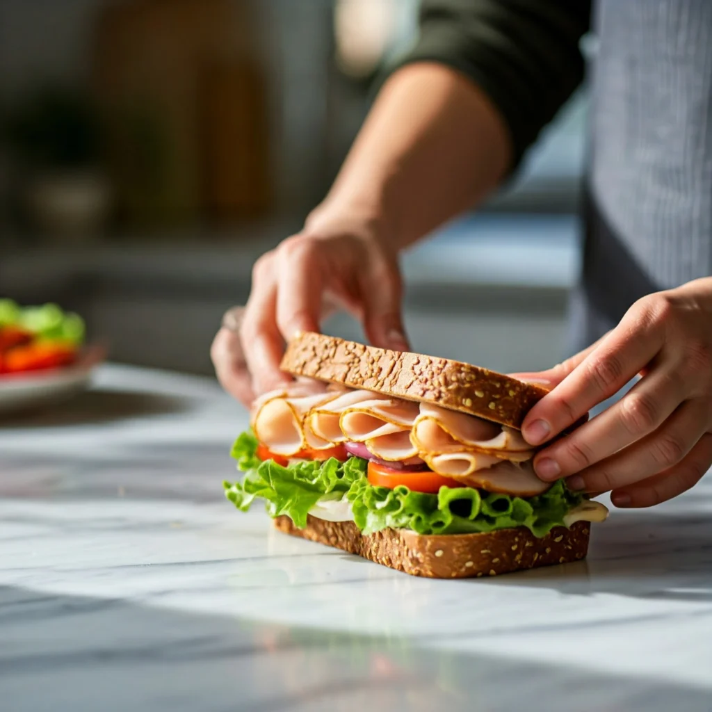 Person preparing a healthy low-sodium turkey sandwich in modern kitchen setting