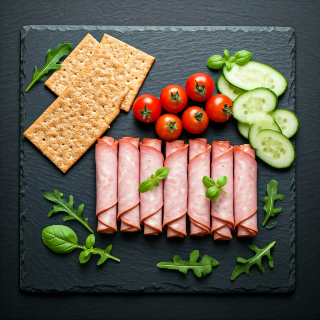 Appetizing arrangement of low-sodium lunch meats with fresh vegetables and herbs on serving board