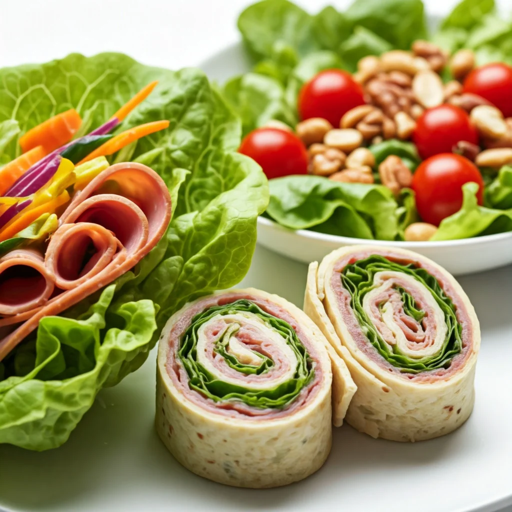 Three healthy meal ideas using low-sodium lunch meats: lettuce wraps, salad, and pinwheel sandwiches