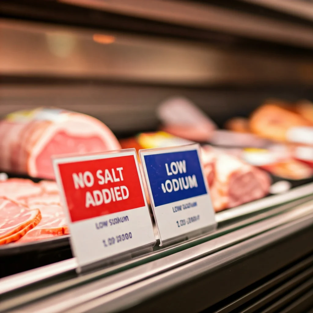 Deli counter display featuring various low-sodium lunch meat options at grocery store