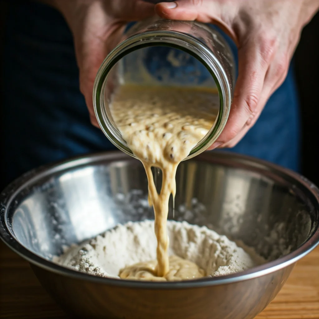 Pouring active sourdough discard into a bowl of flour, showing its bubbly texture