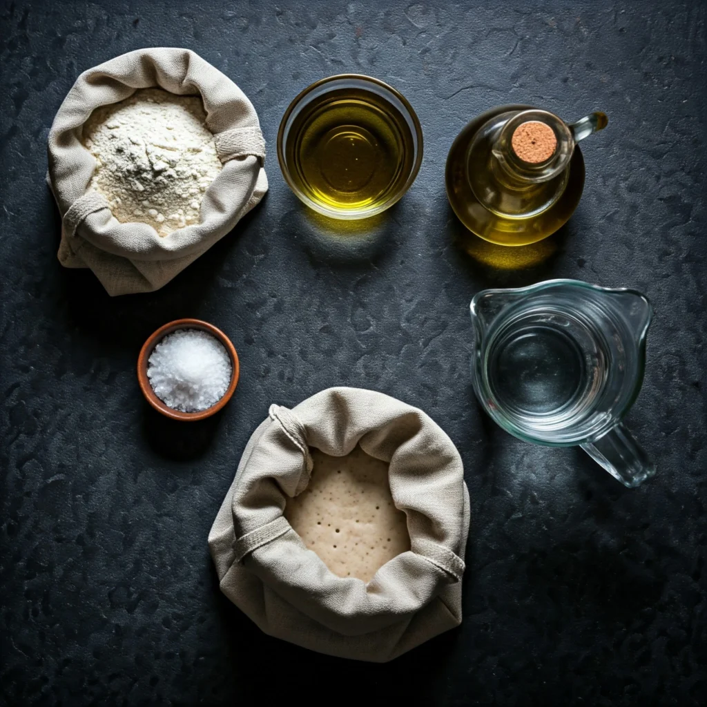 Organized display of pizza dough ingredients including flour, salt, olive oil, and sourdough starter