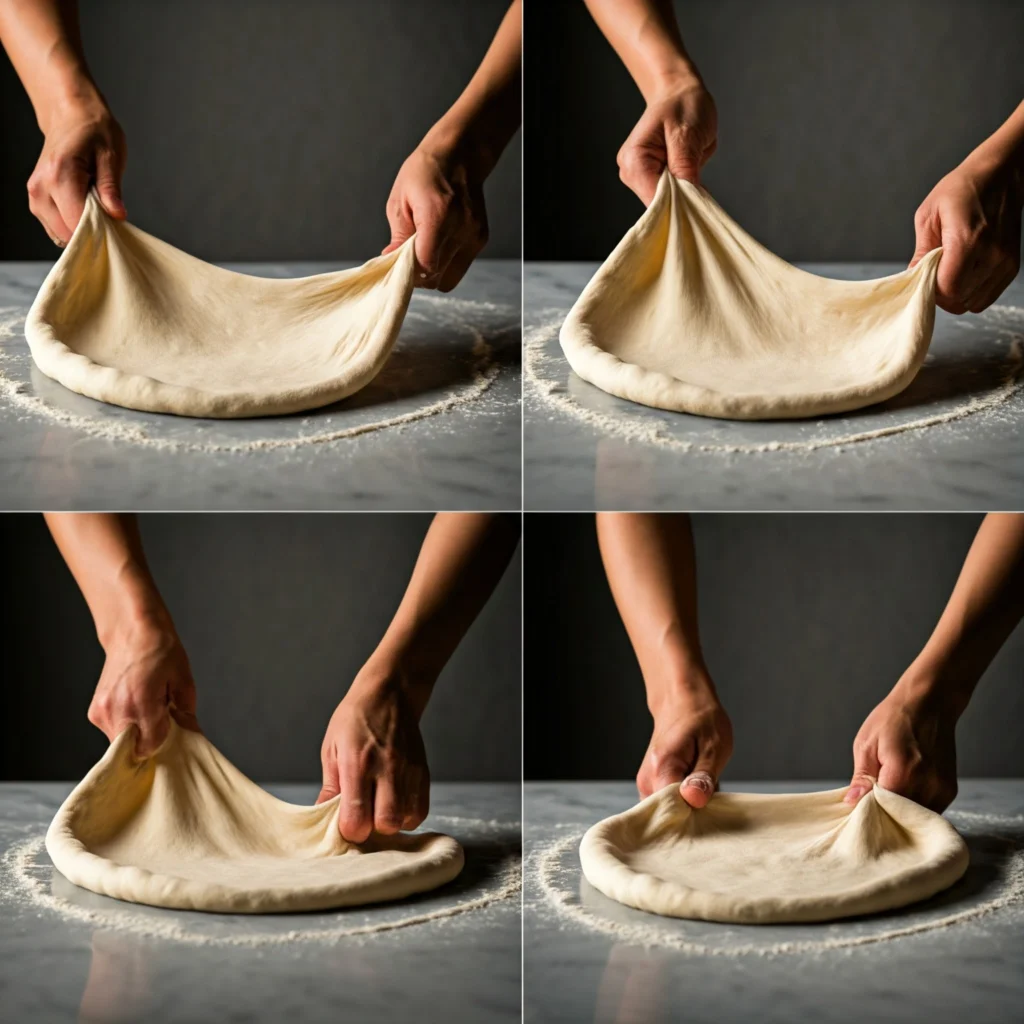 Step-by-step demonstration of the stretch and fold technique for pizza dough