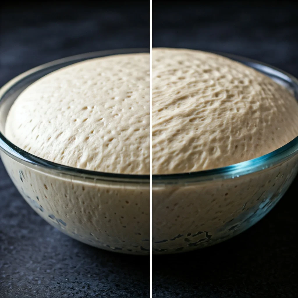 Before and after comparison of pizza dough fermentation showing bubble development