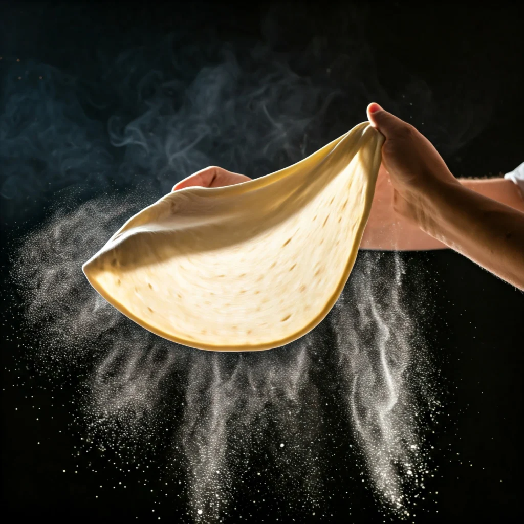 Professional pizza maker stretching translucent sourdough pizza dough with floating flour particles