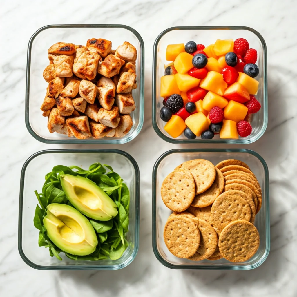 Four prep bowls displaying the essential components of a balanced toddler lunch: protein, fruits, whole grains, and healthy fats