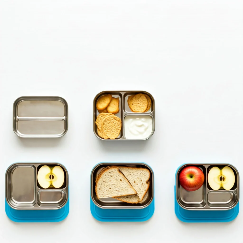 Three-stage progression showing the process of packing a balanced toddler lunch in a compartmentalized container