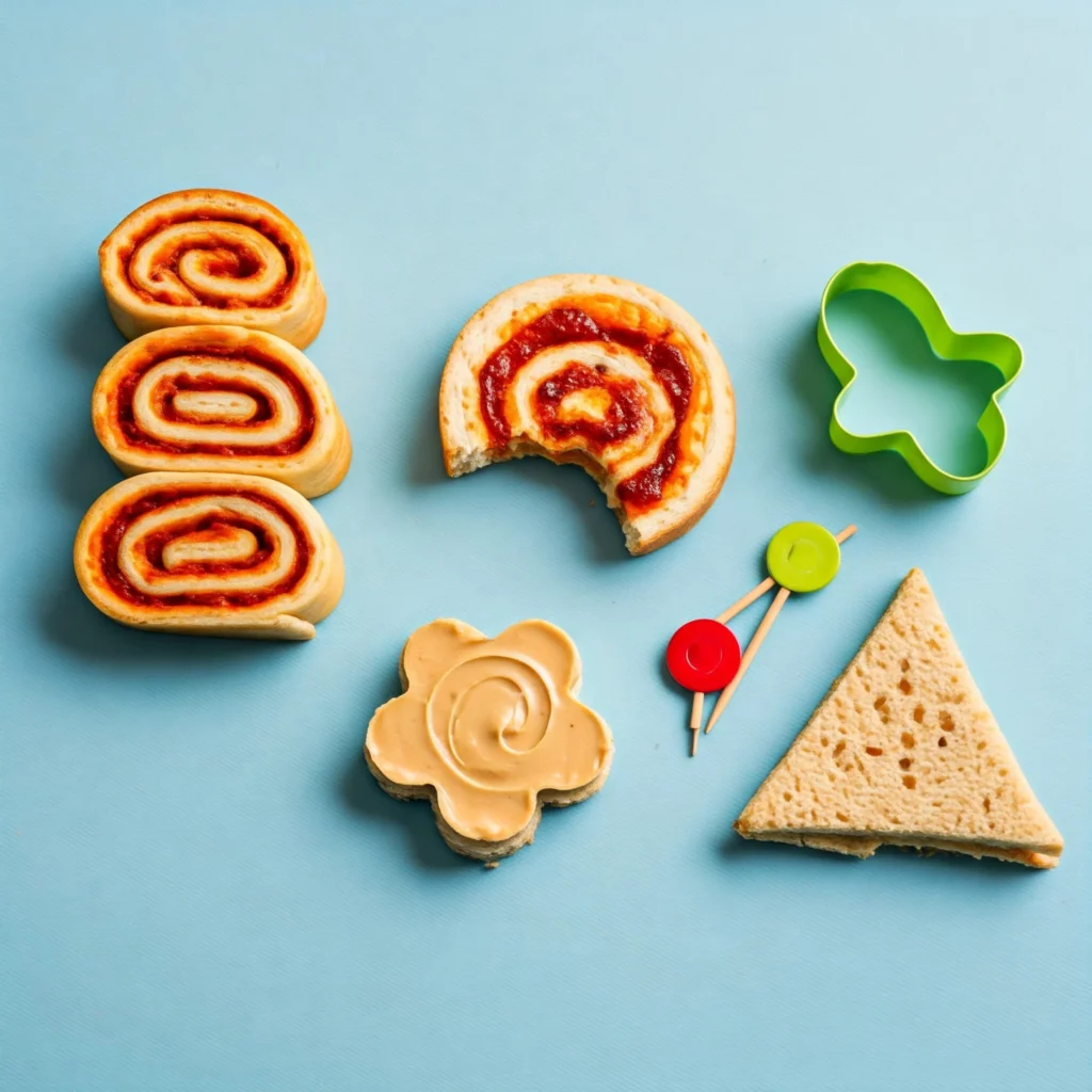 Variety of kid-friendly sandwich and wrap options including pizza roll-ups, shaped PB&J, and hummus sandwiches