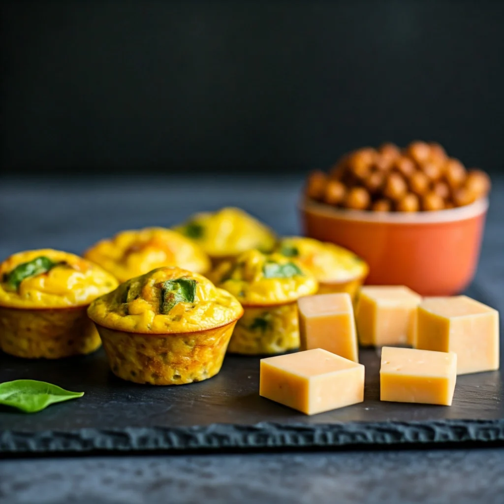 Protein-packed lunch options featuring mini egg muffins, cheese shapes, and seasoned chickpeas