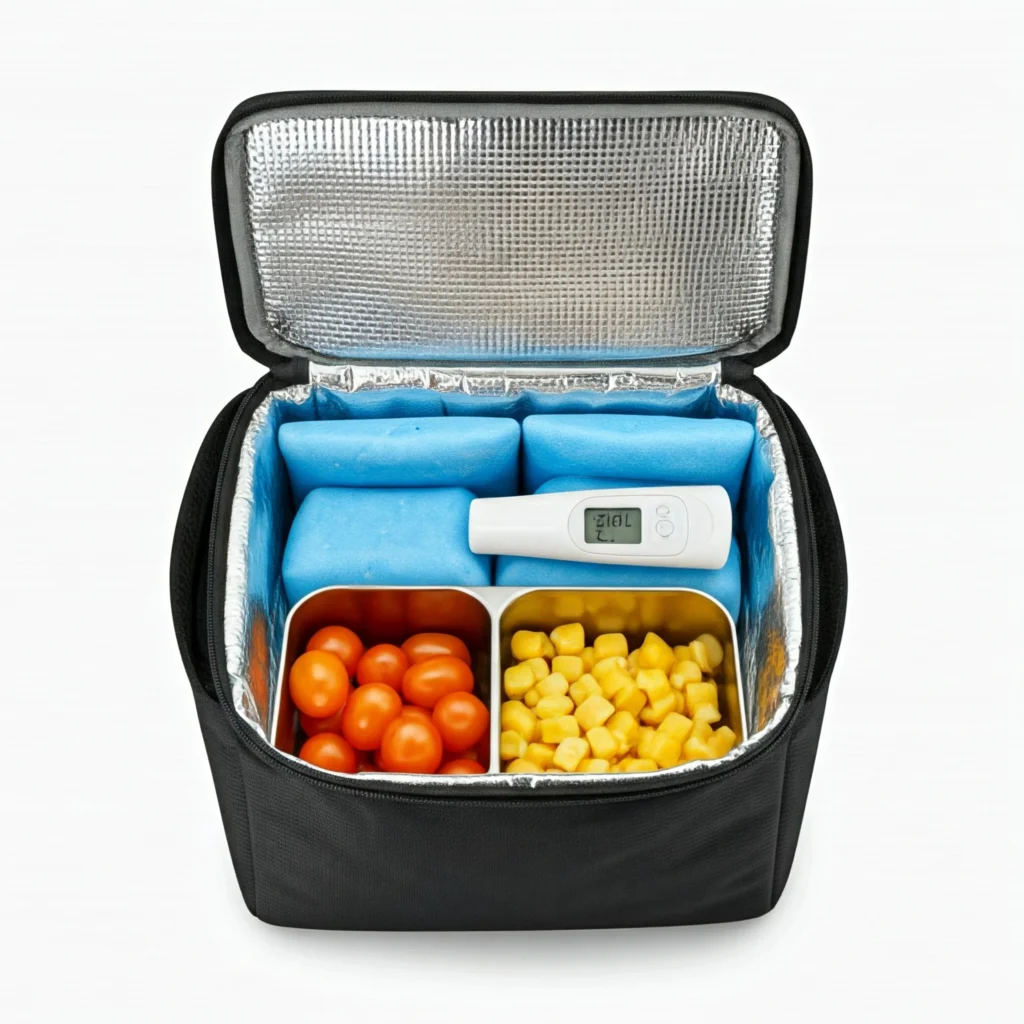 Proper setup of an insulated lunch bag with ice packs and temperature-safe foods for daycare