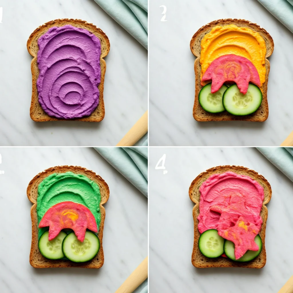 Step-by-step tutorial showing the creation of a colorful and nutritious rainbow hummus sandwich for toddlers