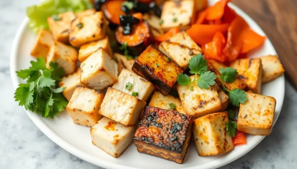 A plate with a variety of savory gluten-free tofu dishes, including baked, grilled, and stir-fried tofu, alongside fresh vegetables and herbs.