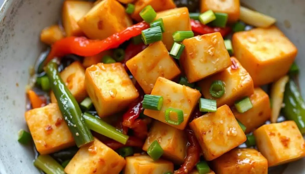 Crisp golden tofu pieces stir-fried with vibrant vegetables in a rich gluten-free soy sauce, garnished with fresh green onions.