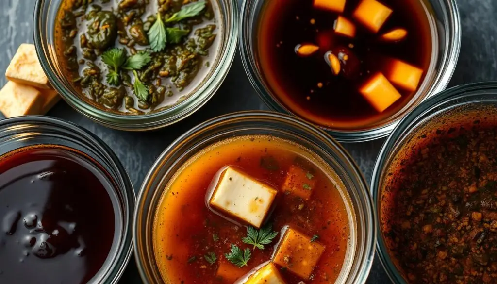 Moody and vibrant close-up shots of various marinades and sauces in glass bowls, with hints of fresh herbs, spices, and gluten-free tofu cubes