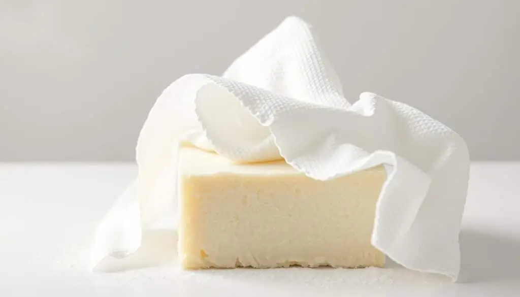 white paper towels draped over tofu block on white surface, drying out tofu