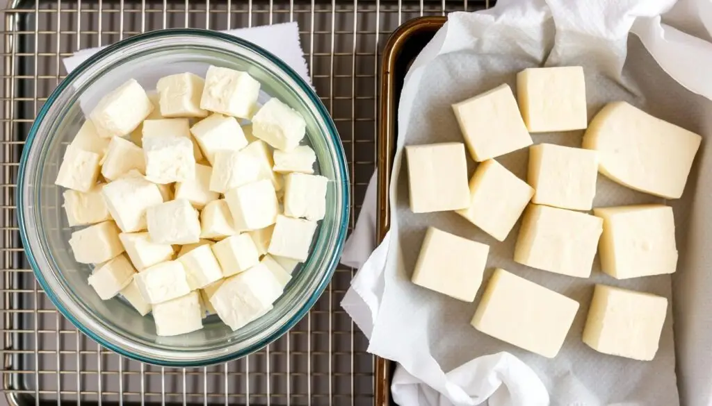 A stainless steel wire mesh surface, a glass dish filled with tofu cubes, a paper towel-lined baking tray, and a clean cloth draped over the tofu. How to Dry Out Tofu