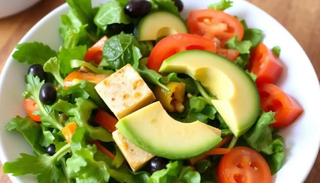 fresh green salad with marinated tofu cubes, avocado slices, tomato wedges, carrots, cucumber, and a light vinaigrette dressing Marinated Tofu Salad