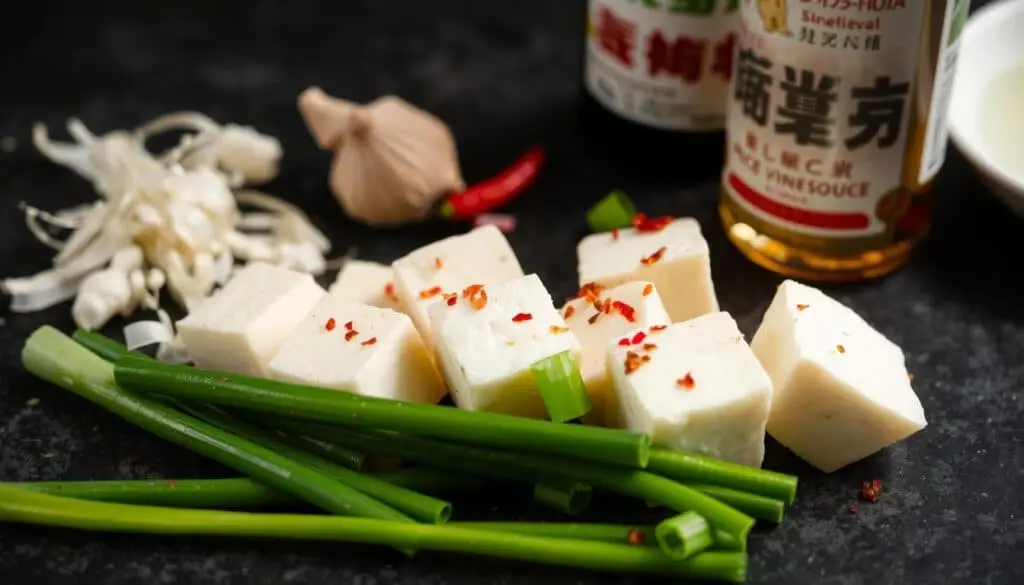 soy sauce, garlic, ginger, sesame oil, rice vinegar, red pepper flakes, scallions, tofu cubes