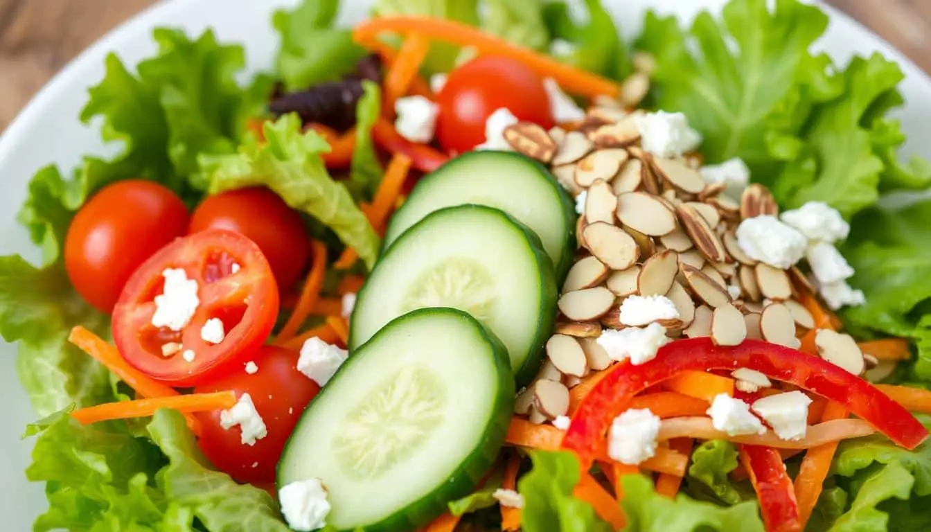 fresh green lettuce, sliced cucumber, cherry tomatoes, shredded carrots, sliced red bell pepper, crumbled feta cheese, toasted almond slivers