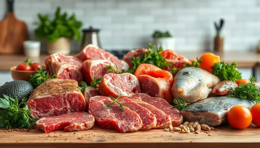 A vibrant display of a variety of meats, including steak, chicken, and fish, arranged artistically on a wooden table, surrounded by fresh herbs and spices. The background features a softly lit kitchen setting, with a focus on textures of the meat and the natural colors of the ingredients. Subtle hints of healthy fats like avocados and nuts might be present, creating a balanced, appealing composition that emphasizes the concept of metabolic health through a carnivore diet. The Carnivore Diet for Diabetics