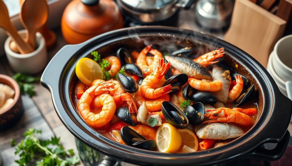 A vibrant kitchen scene featuring a slow cooker filled with a colorful assortment of seafood including shrimp, mussels, and fish, surrounded by fresh herbs, lemon slices, and spices, with steam rising gently from the cooker, a cozy ambiance with wooden utensils and a rustic table setting in soft, warm lighting. slow cooker seafood recipes