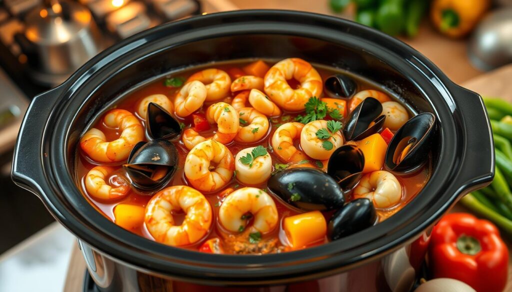 A vibrant slow cooker filled with a colorful assortment of seafood, including shrimp, scallops, and mussels, gently simmering in a rich broth with herbs and spices, surrounded by fresh vegetables like bell peppers and onions, set against a cozy kitchen background with warm lighting. slow cooker seafood recipes