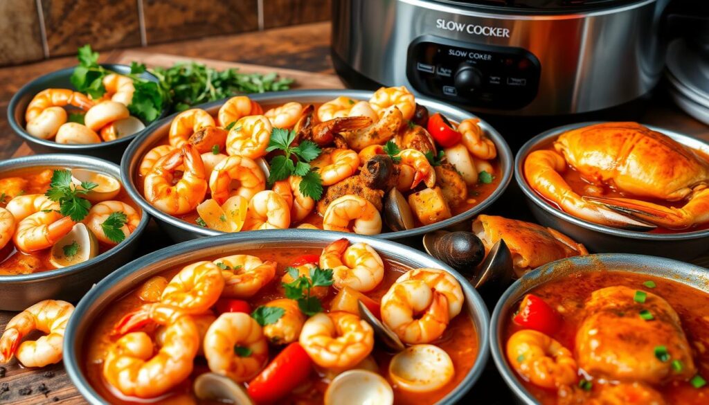 A vibrant and colorful arrangement of slow cooker seafood dishes, featuring a variety of shrimp, clams, fish, and crab, all simmering in rich sauces, surrounded by fresh herbs and spices, set against a rustic kitchen backdrop with a slow cooker prominently displayed. slow cooker seafood recipes