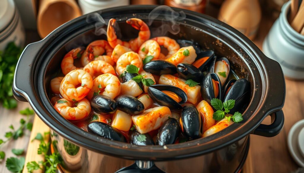 A slow cooker filled with an array of vibrant seafood, including shrimp, mussels, and fish fillets, surrounded by fresh herbs and spices. The scene showcases the ingredients cooking gently with steam rising, highlighting the rich colors and textures, set against a warm kitchen background with wooden utensils and a cozy ambiance. slow cooker seafood recipes