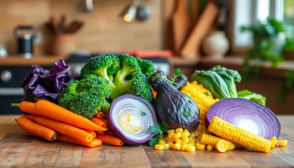 A vibrant assortment of colorful steamed vegetables displayed elegantly on a rustic wooden table, featuring bright green broccoli, vivid orange carrots, deep purple cabbage, and yellow corn, garnished with fresh herbs and a drizzle of olive oil, all set against a warm kitchen backdrop with soft natural lighting. best steamed veggies recipe