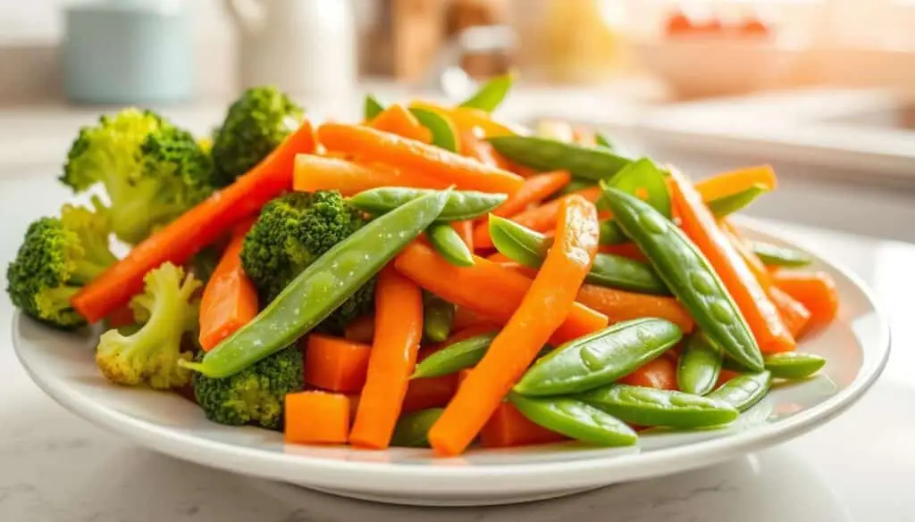 A vibrant assortment of colorful steamed vegetables, including broccoli, carrots, bell peppers, and snap peas, arranged artistically on a pristine white plate, with steam gently rising from the veggies, set against a soft kitchen background with natural light illuminating the scene. best steamed veggies recipe