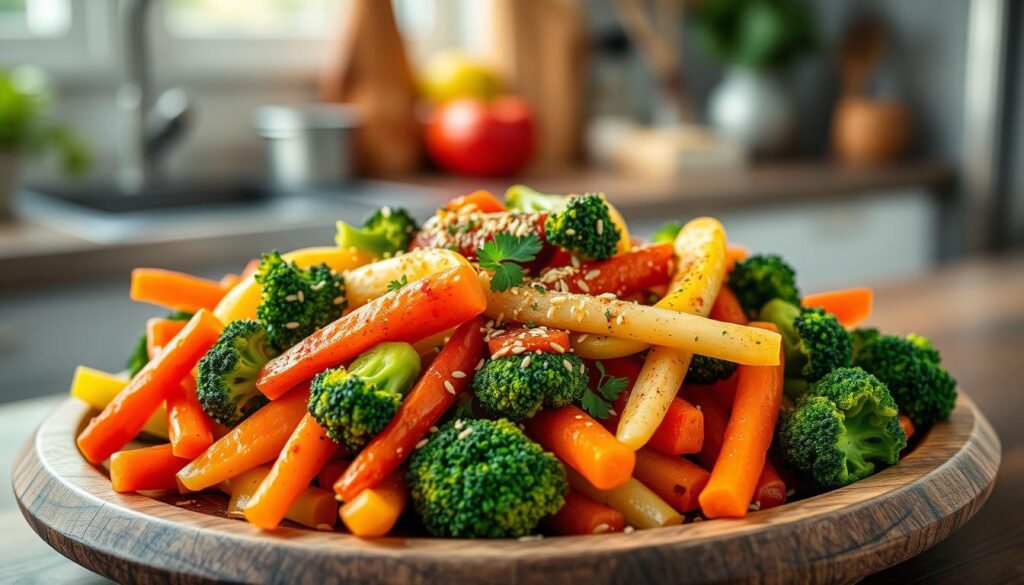 A vibrant assortment of steamed vegetables, including broccoli, carrots, and bell peppers, beautifully arranged on a textured wooden plate, drizzled with a colorful variety of creative seasonings like garlic powder, sesame seeds, and fresh herbs, set against a soft-focus kitchen background with natural lighting. best steamed veggies recipe