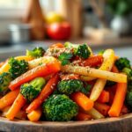 A vibrant assortment of steamed vegetables, including broccoli, carrots, and bell peppers, beautifully arranged on a textured wooden plate, drizzled with a colorful variety of creative seasonings like garlic powder, sesame seeds, and fresh herbs, set against a soft-focus kitchen background with natural lighting. best steamed veggies recipe