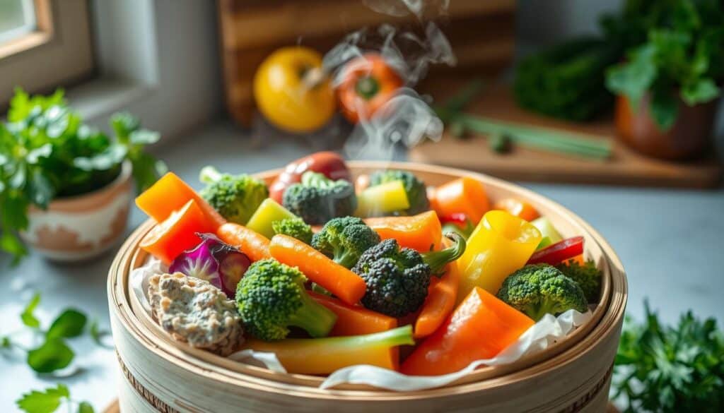 A colorful assortment of fresh, vibrant vegetables, including broccoli, carrots, and bell peppers, arranged in a bamboo steamer, steam gently rising, bright kitchen setting with natural light filtering through a window, fresh herbs scattered around, a wooden cutting board in the background. best steamed veggies recipe