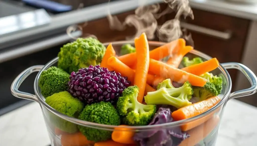 A vibrant assortment of fresh, colorful vegetables being steamed in a transparent pot, with gentle wisps of steam rising, showcasing bright green broccoli florets, vivid orange carrots, and rich purple cauliflower, all sitting on a modern kitchen countertop with soft natural light illuminating the scene. best steamed veggies recipe