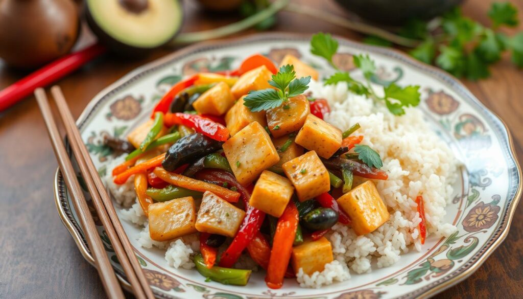 A vibrant vegetarian oriental meal beautifully arranged on a decorative plate, featuring colorful stir-fried vegetables, tofu, and fragrant jasmine rice, surrounded by fresh herbs and garnishes, with chopsticks elegantly placed beside the dish.