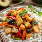 A vibrant vegetarian oriental meal beautifully arranged on a decorative plate, featuring colorful stir-fried vegetables, tofu, and fragrant jasmine rice, surrounded by fresh herbs and garnishes, with chopsticks elegantly placed beside the dish.