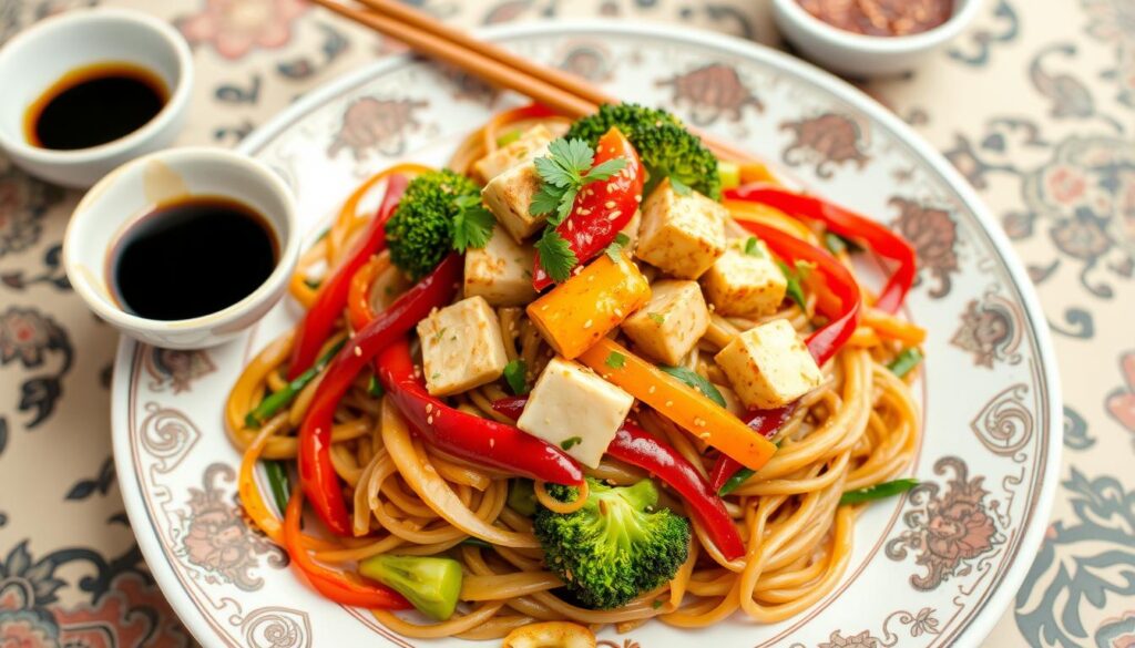 A beautifully arranged plate of vibrant vegetarian stir-fried noodles, topped with colorful bell peppers, broccoli, and tofu, garnished with sesame seeds and fresh herbs, surrounded by small bowls of soy sauce and chili oil, set on a traditional oriental tableware with intricate patterns.