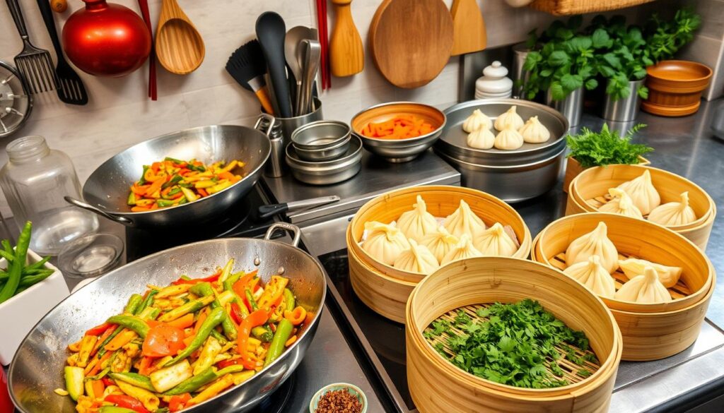 A vibrant kitchen scene showcasing various oriental cooking techniques for vegetables, including a wok with colorful stir-fried vegetables, a bamboo steamer with neatly arranged dumplings, and fresh herbs and spices on the counter, surrounded by traditional kitchen utensils and bright, inviting lighting.