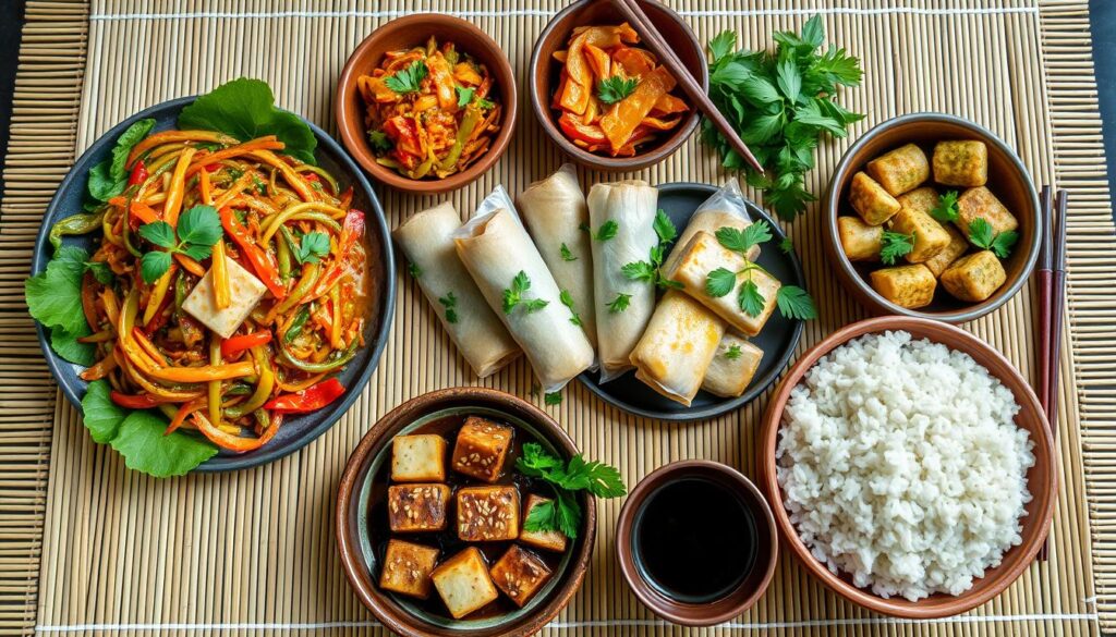 A beautifully arranged vegetarian oriental meal spread on a bamboo mat, featuring vibrant stir-fried vegetables, colorful spring rolls, delicate tofu dishes with sesame seeds, and fragrant jasmine rice, garnished with fresh herbs and served in traditional pottery, accented by chopsticks and small dipping bowls filled with soy sauce and chili oil. Soft natural lighting enhances the appetizing presentation.