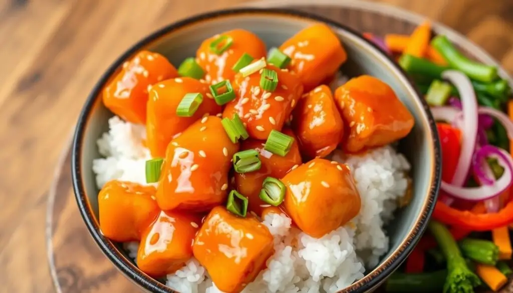 A vibrant bowl of vegetarian orange chicken, featuring crispy plant-based protein pieces, glazed in a glossy, bright orange sauce, garnished with fresh green scallions and sesame seeds, served over a bed of fluffy white rice, with colorful mixed vegetables on the side, all set against a wooden table background.