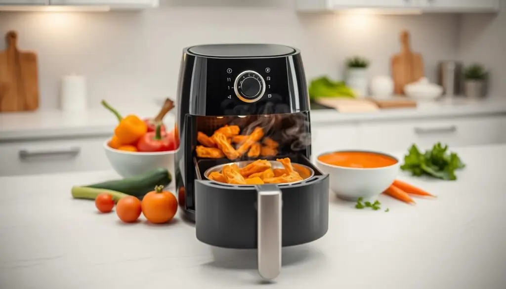 A sleek air fryer on a modern kitchen countertop, surrounded by fresh vegetables and ingredients for vegetarian orange chicken, vibrant orange sauce in a bowl, steam rising as the air fryer works, bright kitchen lighting highlighting the cooking process, minimalistic and stylish kitchen decor.