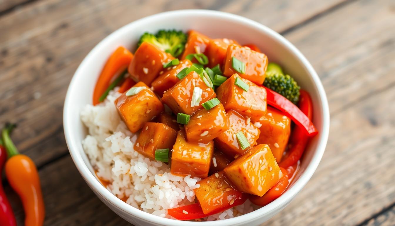 A vibrant bowl of vegetarian orange chicken featuring crispy tofu cubes, drenched in a glossy orange sauce, garnished with sesame seeds and chopped green onions, surrounded by colorful bell peppers and broccoli, served over fluffy white rice with a hint of steam rising, set against a rustic wooden table backdrop.