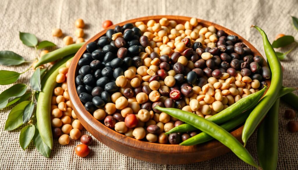 A vibrant assortment of various bean varieties, showcasing different shapes, sizes, and colors. Include black beans, kidney beans, chickpeas, lentils, pinto beans, and green beans arranged artistically in a rustic wooden bowl. The background features a textured, organic tablecloth with soft natural light illuminating the scene, highlighting the beans' glossy textures and unique patterns.