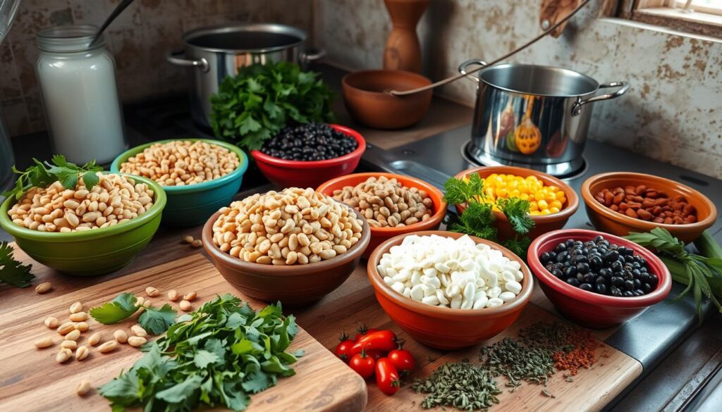 A rustic kitchen scene featuring a variety of dry beans in colorful bowls, a pot filled with water on the stove, and fresh herbs scattered around. Include a wooden cutting board with chopped vegetables and spices, and natural light streaming through a window, highlighting the textures and colors of the ingredients.