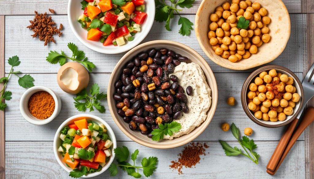 A vibrant flat lay of various colorful bean dishes, including a black bean salad with fresh vegetables, a creamy white bean dip served with pita, and spiced chickpeas in a bowl, surrounded by fresh herbs, spices, and a rustic wooden table background.